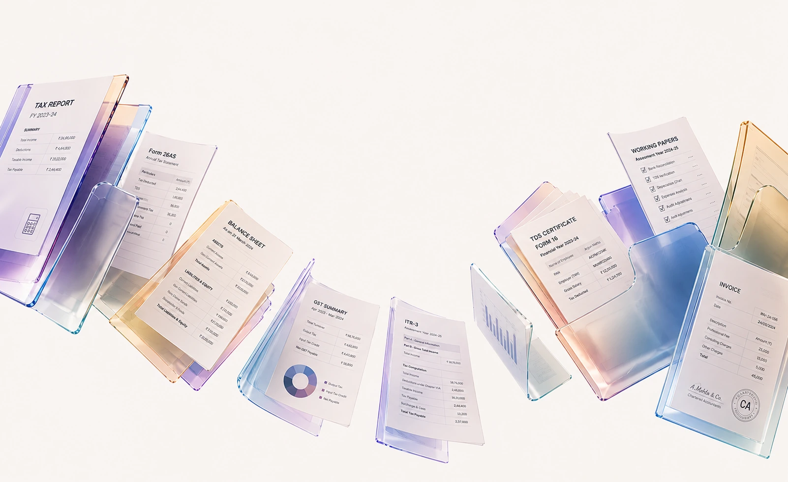 Tax reports, Form 26AS, GST summaries, ITR-3, Form 16 and invoices held in translucent filing sleeves