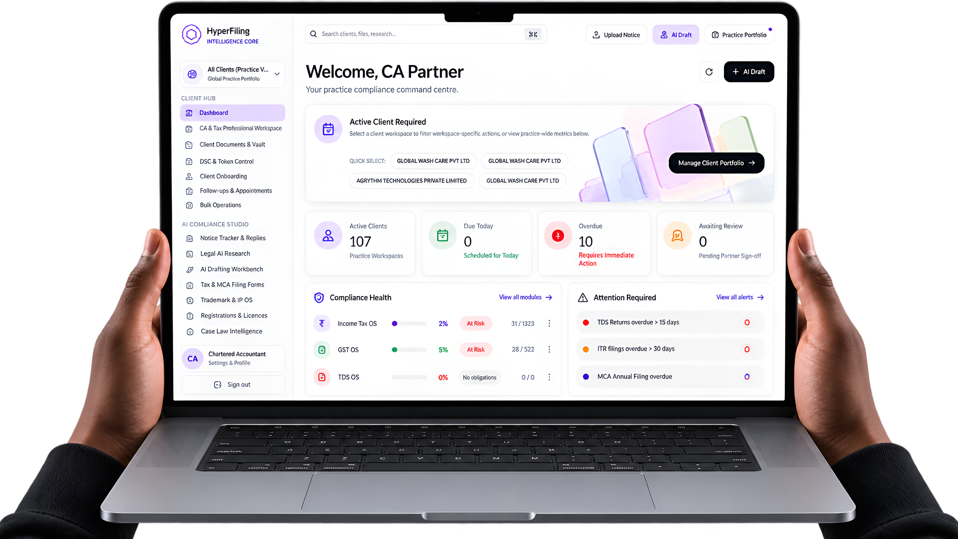 The Hyperfiling dashboard, showing active clients, Income Tax, GST, TDS and MCA compliance health, and notices awaiting reply